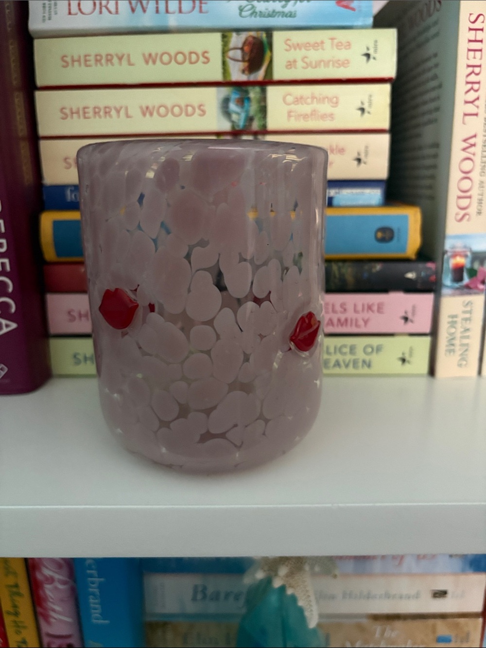 Speckled Pink Glass with Red Lip Accents